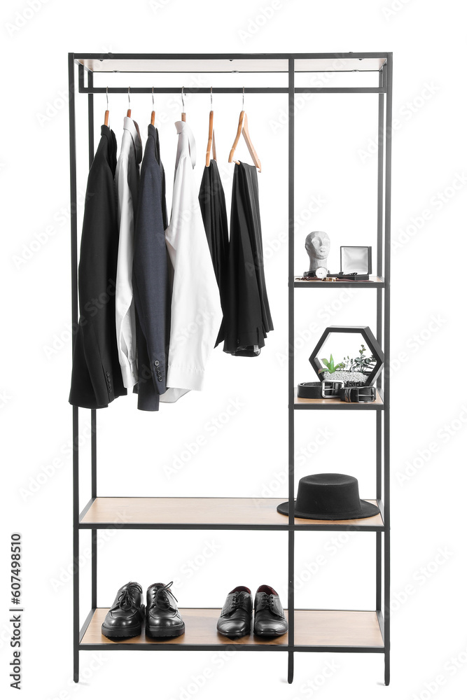 Shelving unit with clothes, shoes and accessories on white background