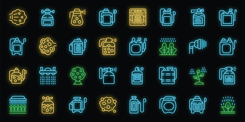 Poster - Pesticide sprayer icons set outline vector. Garden pressure. Farm lawn neon color on black