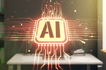 Poster - Creative artificial Intelligence symbol concept and modern desktop with computer on background. Multiexposure