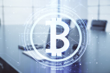 Poster - Double exposure of creative Bitcoin symbol with modern laptop on background. Cryptocurrency concept