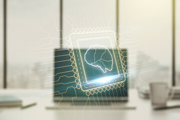 Poster - Double exposure of creative human brain microcircuit with computer on background. Future technology and AI concept