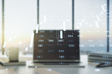 Poster - Multi exposure of creative statistics data hologram on laptop background, stats and analytics concept