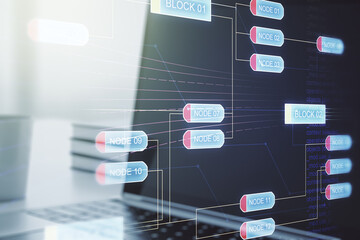 Poster - Multi exposure of abstract software development hologram on laptop background, research and analytics concept