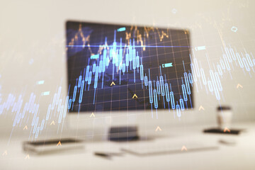 Poster - Multi exposure of abstract creative financial chart with world map on laptop background, research and analytics concept