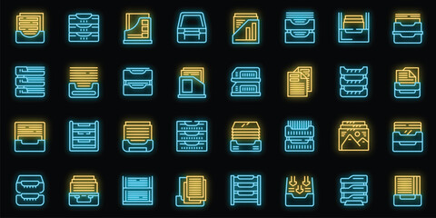 Poster - Paper tray icons set outline vector. Office rack. Storage equipment neon color on black