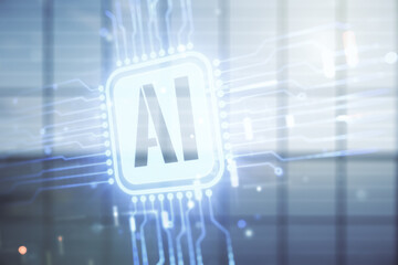Aufkleber - Double exposure of creative artificial Intelligence icon on empty modern office background. Neural networks and machine learning concept