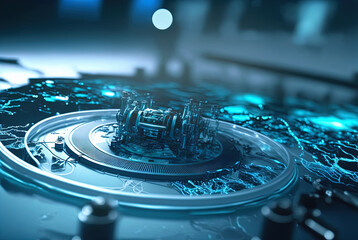 Poster - Abstract science and technology background with shiny connection elements and sci-fi intefrace. Tech abstraction wallpaper. Generated AI.