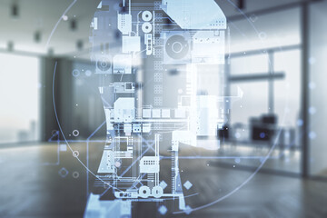 Poster - Double exposure of creative human head microcircuit hologram on a modern furnished office interior background. Future technology and AI concept