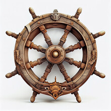 Vintage Wooden Ship's Wheel On An Isolated White Background. Generative AI