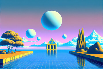 Poster - Abstract vaporwave scene with golden ball on the landscape with buildings. 80s styled pink and blue surreal architectural composition. Generated AI