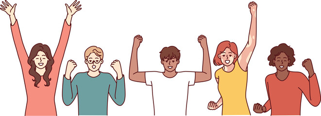 Delighted diverse people making victory gestures with hands enjoying joint success