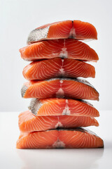 Wall Mural - Raw salmon fillets stacked on white background, generative AI