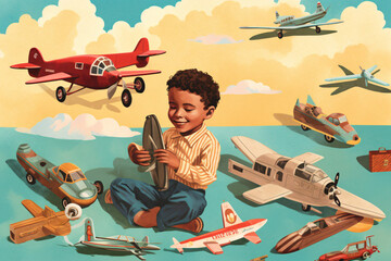 Wall Mural - illustration of kid playing with toy planes made with Generative AI