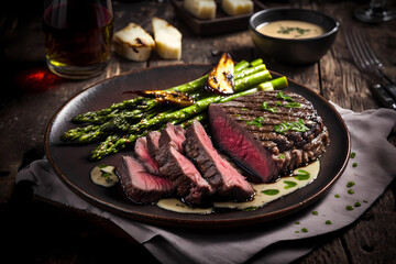 Grilled beef steak served with asparagus, generative AI