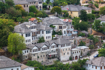 Wall Mural - Cityscape of Gjirokaster old town, Albania. Christian church and old ottoman houses in Gjirokaster, Albania close-up