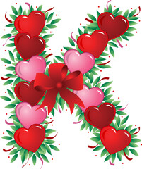 Sticker - Letter K with heart, bow, ribbon and leaf