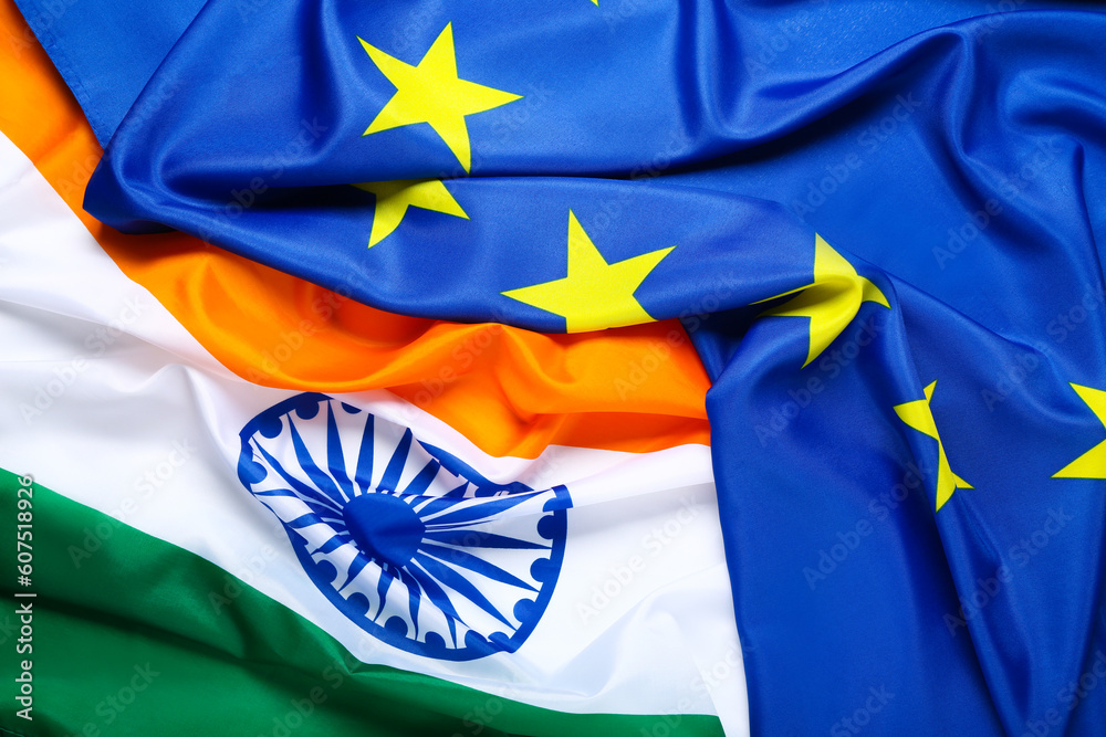 Flags of India and European Union as background