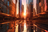 Fototapeta Nowy Jork - Metal and glass skyscrapers with reflection of sunrise. Urban jungle. Generative AI