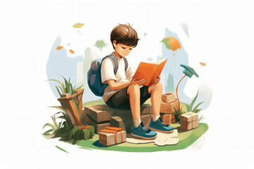 illustration of kid playing and study with book made with Generative AI