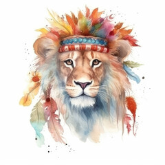  Lion watercolor drawing. Lion Head with native american indian chief accessories with feathers. Cute Tribal lion in boho style watercolor drawing on a white background. Generative ai illustration