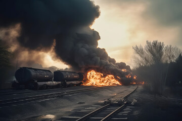 Train derailed exploding with fire and smoke. Generative AI illustration