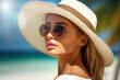 Woman in a hat and sunglasses on the beach. AI