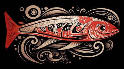 Polynesian art with intricate details of a salmon fish. Ideal for a tattoo design. 