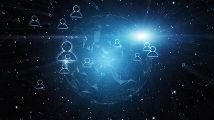 Wall Mural - Digital tech sphere cyberspace with people icons and binary data animation.