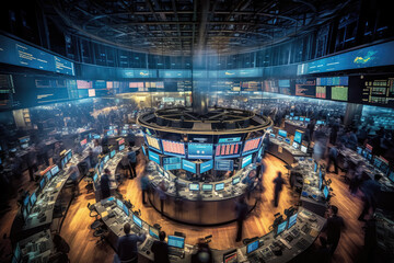 the interior of a room in a brokerage or securities building, showcasing the bustling atmosphere of 