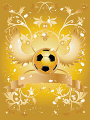 Wall Mural - vector image of soccer ball with wings, ribbon for sample text and floral pattern.