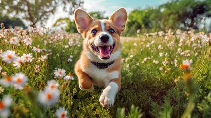 happy funny face cute puppy playing in garden. Generative AI