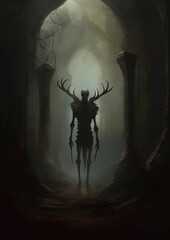 Wall Mural - skeleton with horns is standing near an archway, generative ai 