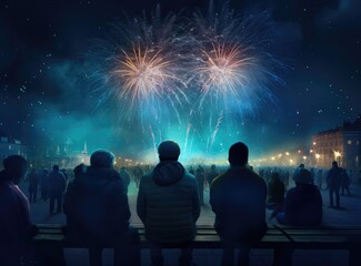 Poster - Crowd watching fireworks and celebrating created with Generative AI technology