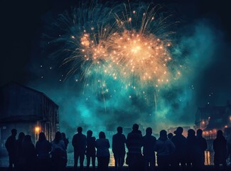 Poster - Crowd watching fireworks and celebrating created with Generative AI technology