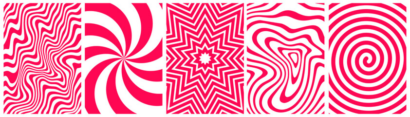 Poster - Swirl Candy Cane Patterns Set. Vector Red and White Wavy Background. Abstract Illustration of Lollipop, Caramel and Candy Cane Texture