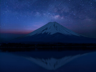 Wall Mural - Japan icon Mt Fuji at night and  universe space and milky way galaxy with stars on night sky background.