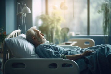 Elderly patient sleeping on bed in hospital ward. Old years man in rehabilitation. Health care. Created with Generative AI