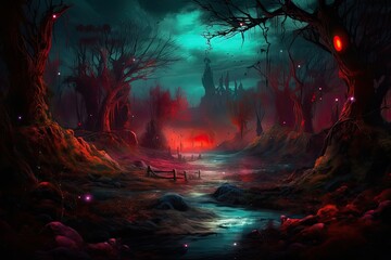 Fantasy, mystical landscape. Strange spooky magical arthouse style forest