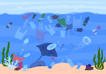 Poster - Cartoon Color Garbage in Sea Scene Concept Flat Design Style. Vector illustration of Plastic Ocean Pollution