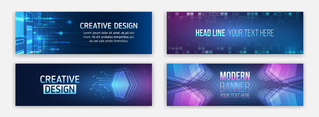 Wall Mural - Set banner templates for websites. Abstract social media cover design. Horizontal header web background. High tech design with technological elements. Science and digital technology concept.