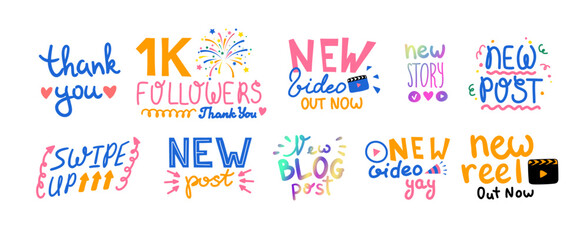 Poster - cartoon color different blog content icons or emblems set flat design style include of new video, po