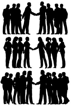 Three sets of editable vector silhouettes of business groups meeting with each person as a separate element
