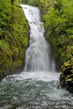 Bridal Veil Falls - A Vertical Full View Of Roaring Bridal Veil Falls On A Stormy Spring Day. Columbia River Gorge, Oregon, USA.