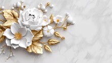 Wedding Background With A White Marble And Granite Luxurious Texture And Gold - White Enchanting Floral Jewerly Arrangement. Card, Voucher. Generative AI. 