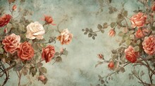 Vintage Background With A Cluster Of Roses In The Top Of Left A Right Site. Floral Magic Wallpaper Texture, Card, Voucher, Enchanting Decorative Illustration. Generative AI. 