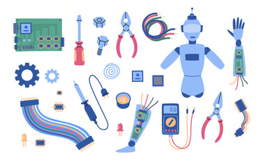 Sticker - Cartoon Color Making Robot DIY Kit Different Elements Set Concept Flat Design Style Include of Stem, Solder and Gears. Vector illustration