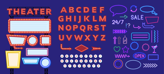 Fototapete - Cartoon Color Retro Signboard Creator Elements Set Concept Flat Design Style Include of Neon Signs and Font. Vector illustration