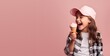 Cute Girl eating Ice Cream on a Pink Background (Generative AI)