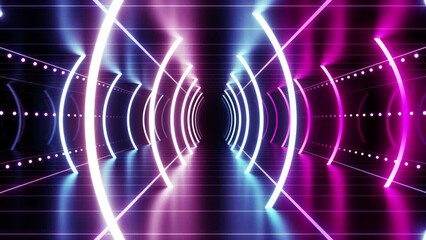 Wall Mural - neon line tunnel glowing fluorescent light corridor stage cg background