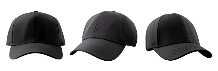 Wall Mural - Set of black front and side view hat baseball cap on transparent background cutout, PNG file. Mockup template for artwork graphic design